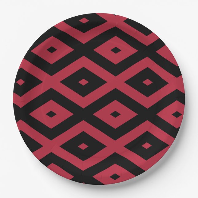 Rotes und schwarzes Rautenmuster Pappteller (Vorderseite)