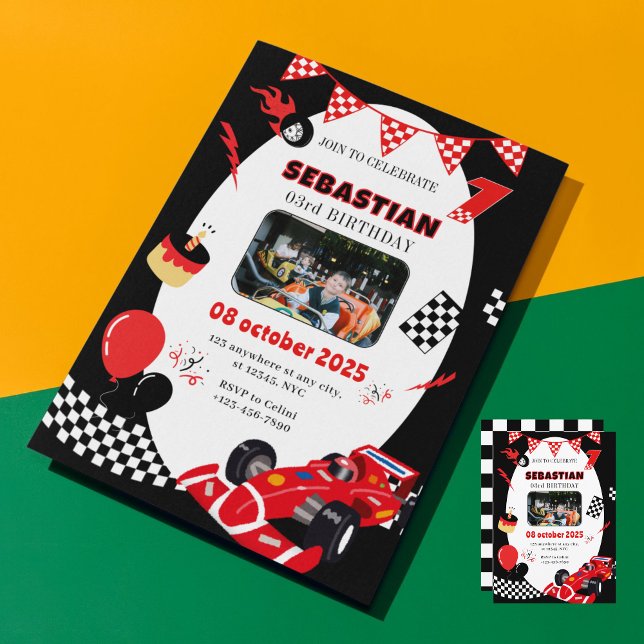 Rotes und Schwarzes Rennen Geburtstagseinladung -  Einladung (Funny Racing Car Birthday Invite)