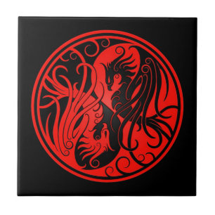 Rotes und schwarzes Yin Yang Phoenix Fliese