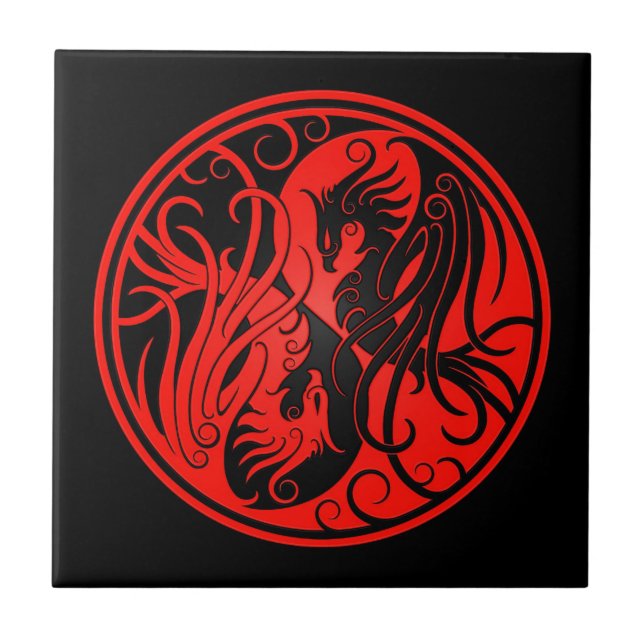Rotes und schwarzes Yin Yang Phoenix Fliese (Vorderseite)