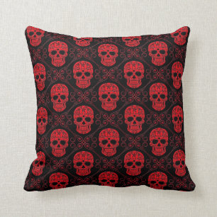 Rotes und schwarzes Zuckerschädel-Muster Kissen