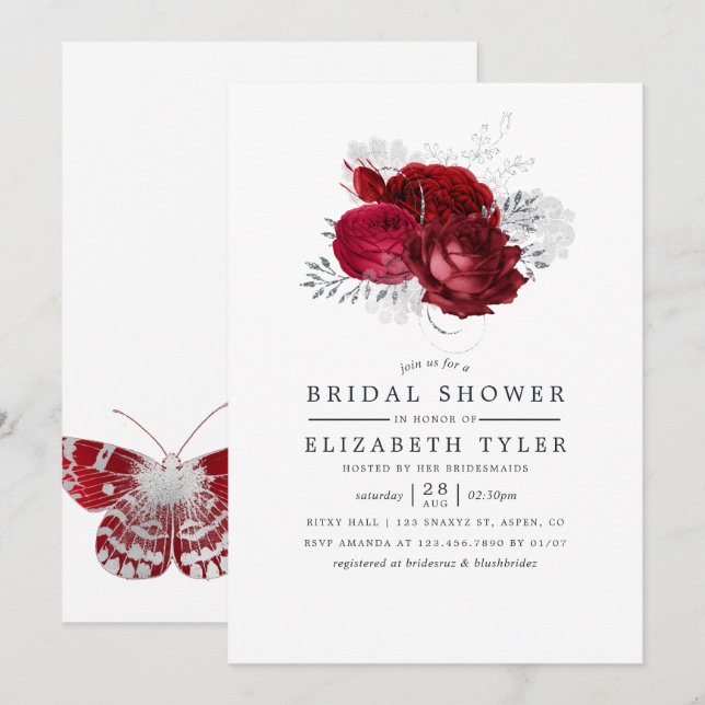 Rotes und Silberes Vintages Brautparty Einladung (Vorne/Hinten)