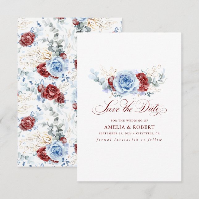 Rotes und staubblaues florales Save-the-Date Save The Date (Vorne/Hinten)