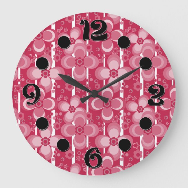 Rotes und weißes Blumenmuster Große Wanduhr (Vorderseite)