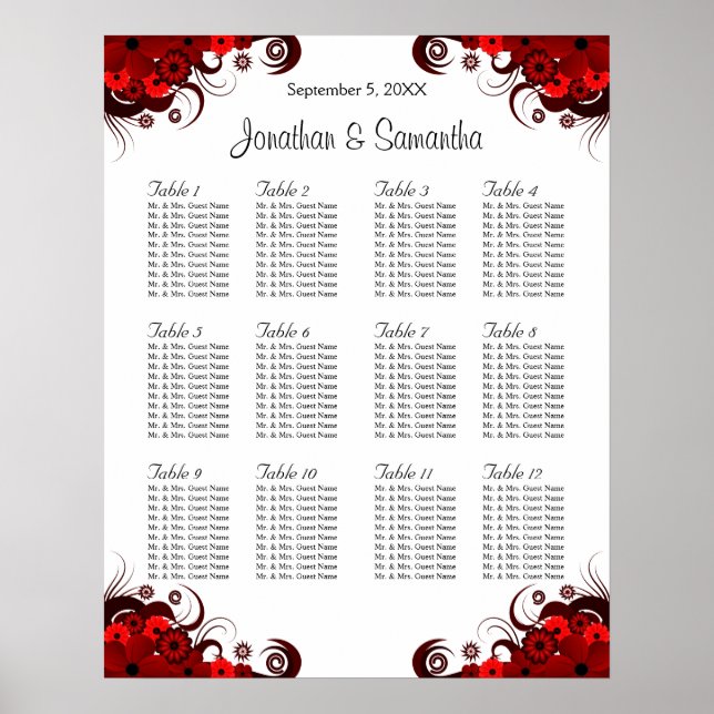 Rotes und weißes Blütenblatt 12 Hochzeitstische Poster (Vorne)
