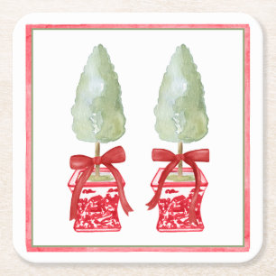 Rotes und weißes Chinoiserie Topiary Rechteckiger Pappuntersetzer
