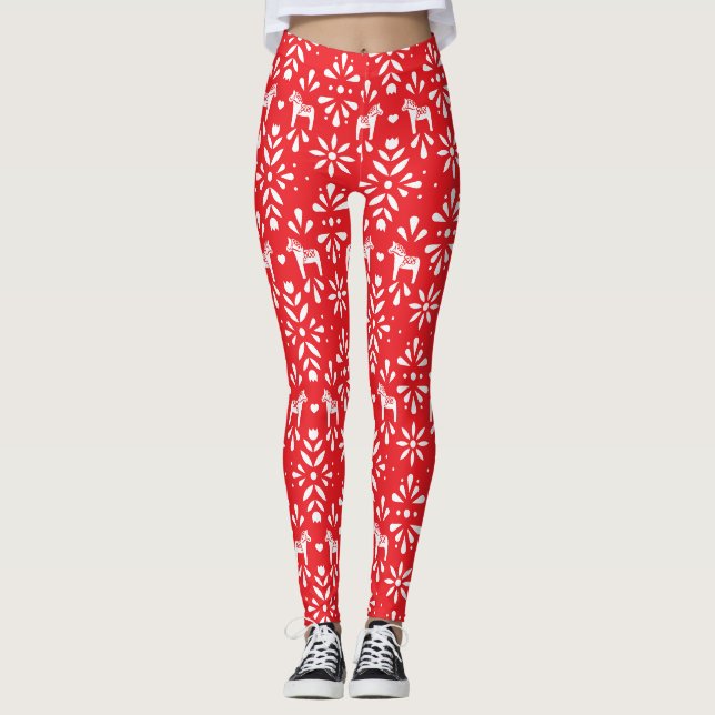 Rotes und weißes Dala Pferdchen Kunstmuster Leggings (Vorderseite)