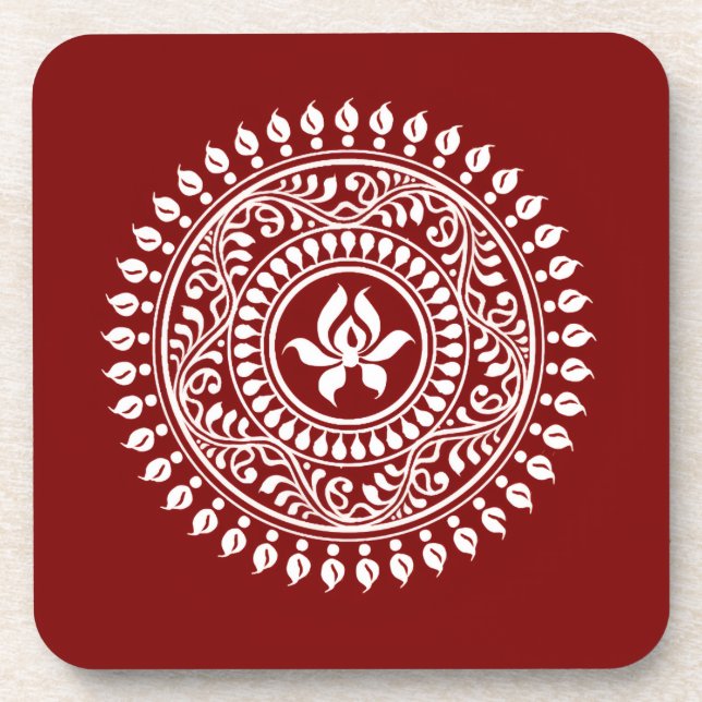 Rotes und Weißes Festtags-Rangoli Getränkeuntersetzer (Vorderseite)