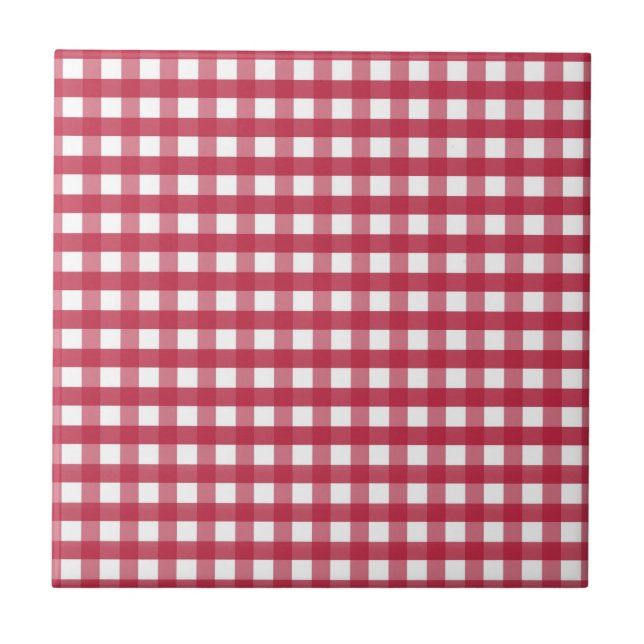 Rotes und weißes Gingham Editable Label Fliese (Vorderseite)