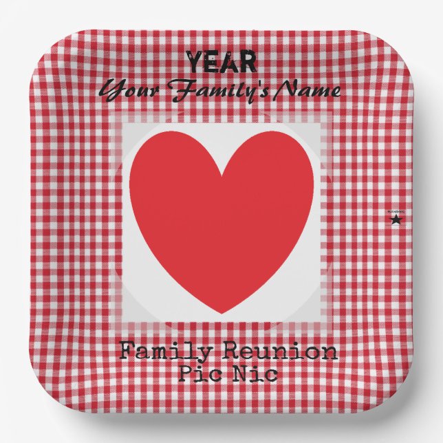 Rotes und weißes Gingham Heart Paper Plate HAMbyWG Pappteller (Vorderseite)