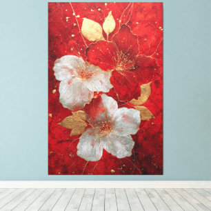 Rotes und weißes goldenes florales abstraktes Wand Leinwanddruck
