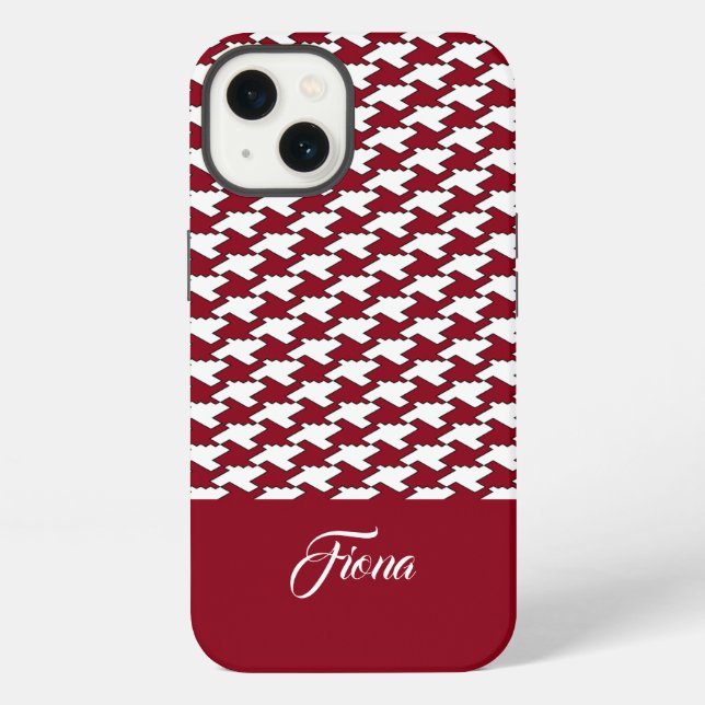 Rotes und weißes Houndstooth-Muster-Monogramm iPhone Hülle (Rückseite)