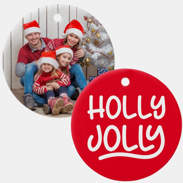 Rotes und weißes Jolly-Typografie-Foto Keramik Ornament (Photo Christmas Ornament)