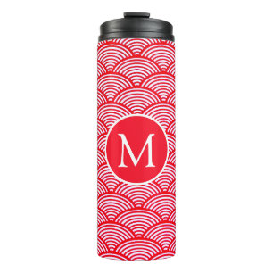 Rotes und weißes Muschelrand-Muster-Monogramm Thermosbecher