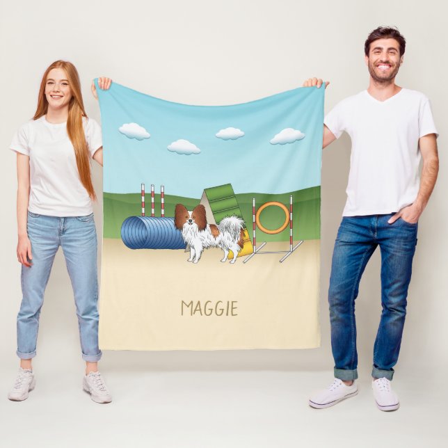 Rotes und weißes Papillon mit Agility Fleecedecke (Beispiel)