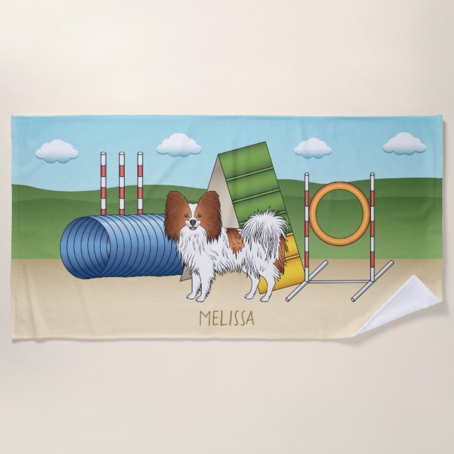 Rotes und weißes Papillon mit Agility Strandtuch (Vorderseite)