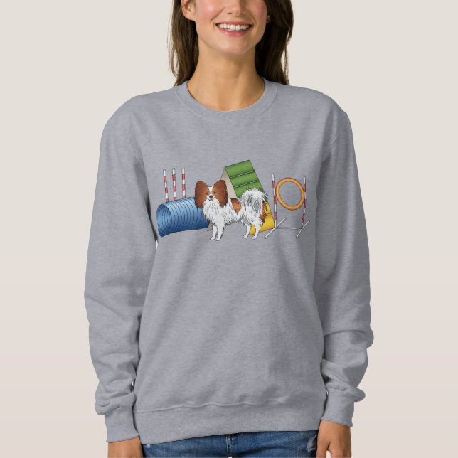 Rotes und weißes Papillon mit Agility Sweatshirt (Vorderseite)