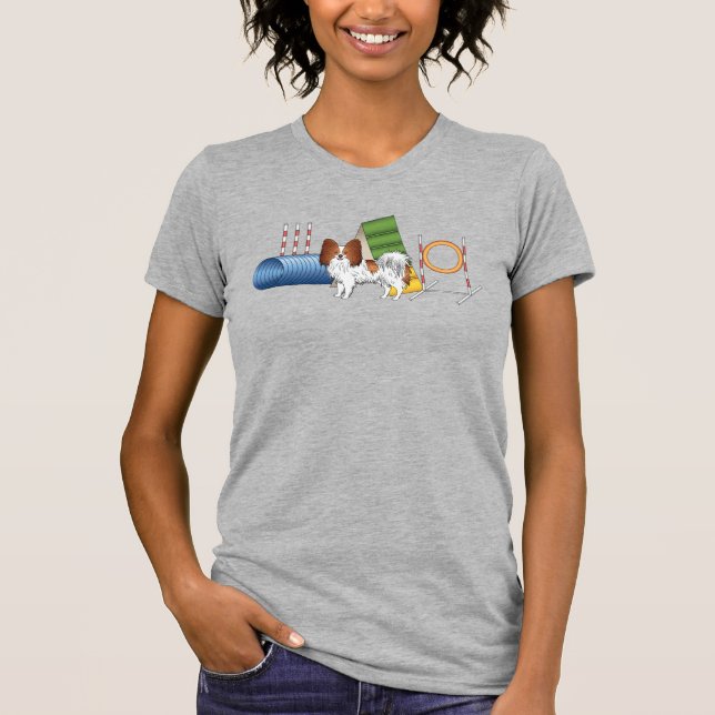 Rotes und weißes Papillon mit Agility T-Shirt (Vorderseite)