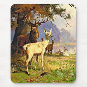 Rotes und weißes Reh nahe einem Waldteich Mousepad