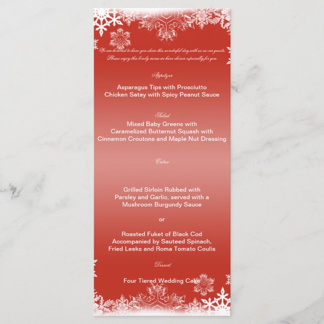 Rotes und weißes Snowflake-Hochzeitmenü Menükarte (Vorderseite)