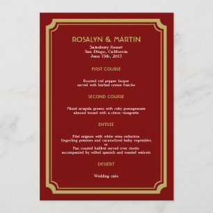 Rotes Velours Art Deco Retro Hochzeitsmenükarte Menükarte