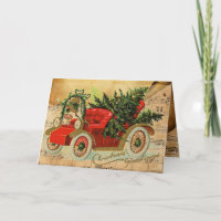 ROTES VINTAGE-AUTO, CHRISTMAS-BAUM UND MUSIKKNOTEN
