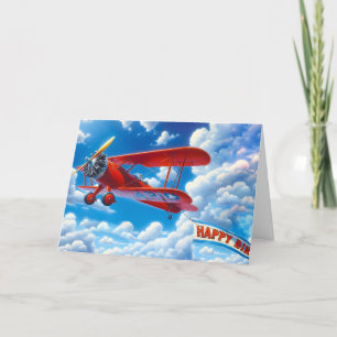 Rotes Vintage-Doppeldecker-Flugzeug mit Geburtstag Karte