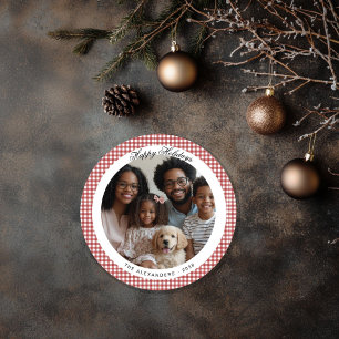 Rotes Vintage-Gingham-Rund-Weihnachtsfoto Feiertagskarte