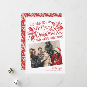 Rotes Vintage-Holly-Geneigt-Snapshot-Foto Weihnach Feiertagskarte