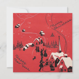 Rotes Vintage-Weihnachten Frohes Neues Jahr Stadt Feiertagskarte