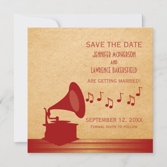 Rotes Vintages Gramophon Save the Date einladen (Vorderseite)