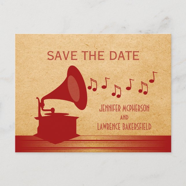 Rotes Vintages Gramophon Save the Date Postkarte (Vorderseite)