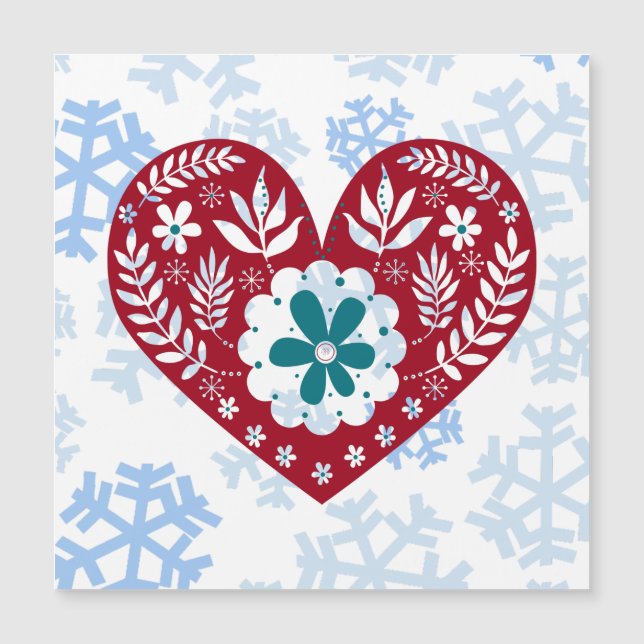Rotes Vintages Herz - Holiday Snowflakes Magnet Ka (Vorderseite)