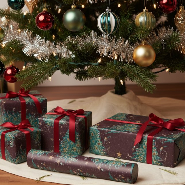 Rotes Vintages Viktorianisches Weihnachtsbaummuste Geschenkpapier (Von Creator hochgeladen)