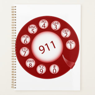 Rotes Wählscheibentelefon wählt Notrufnummer 911 Planer