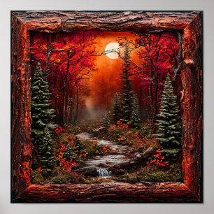 Rotes Wald Rustikale Waldlandschaft Wandkunst Poster