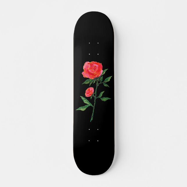Rotes Wasser Rose auf Schwarz Skateboard (Vorne)
