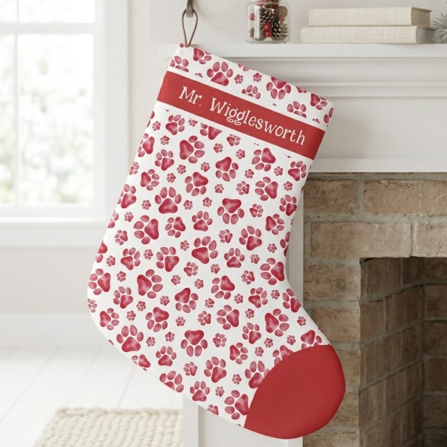 Rotes Wasserfarbe-Pfotenabdruck-Muster Großer Weihnachtsstrumpf (Red watercolor paw print Christmas stocking — festive holiday gift idea for an animal lover.)