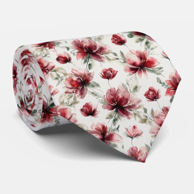 Rotes Wasserfarben-Blumenmuster Krawatte (Gerollt)
