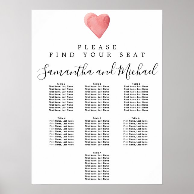 Rotes Wasserfarbenherz 7-Tisch Hochzeitstabelle Poster (Vorne)