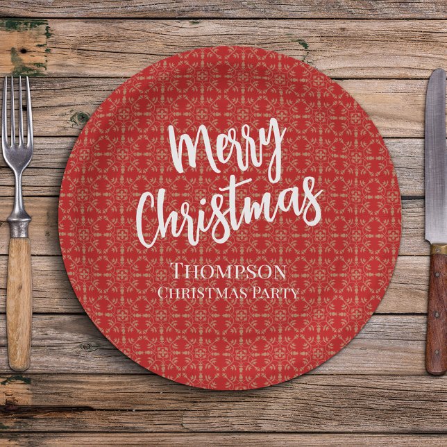 Rotes Weihnachten Traditionelles Einfaches Elegant Pappteller (Christmas holiday custom paper plate with white text typography. )