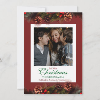 Rotes Weihnachts-Fotogrußkarte mit Kiefernschleife Feiertagskarte
