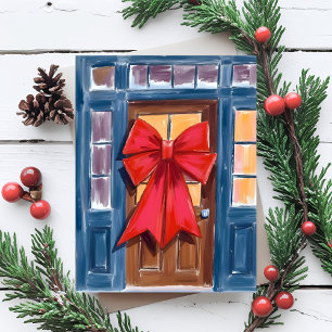 Rotes Weihnachts-Schleifen-Türkränzchen Aquarell Feiertagspostkarte