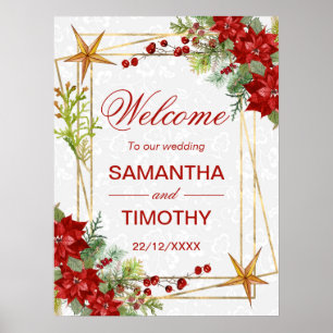 Rotes Weihnachts-Willkommensschild mit Poinsettie Poster