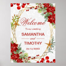 Rotes Weihnachts-Willkommensschild mit Poinsettien