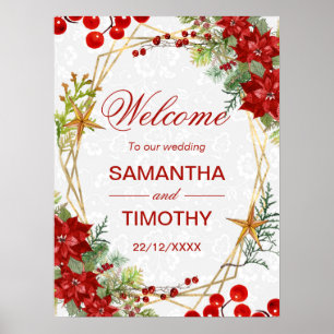 Rotes Weihnachts-Willkommensschild mit Poinsettien Poster