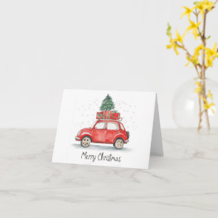 Rotes Weihnachtsauto mit Geschenken, Baum oben dra Karte