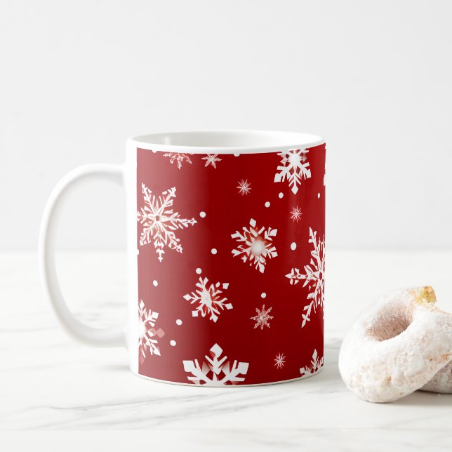 Rotes Weihnachtsdesign mit Schneeflocken Kaffeetasse (Mit Donut)