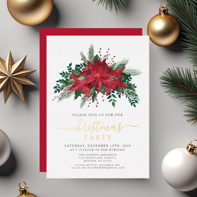 Rotes Weihnachtsfest Poinsettia Weihnachtsfest Par Folieneinladung (Festive Red Poinsettia Christmas Party Foil Invitation
)