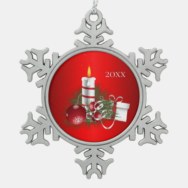 Rotes Weihnachtsfest Schneeflocken Zinn-Ornament (Vorderseite)